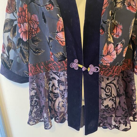 Vintage Evening Kimono Velvet Burnout Cardigan Floral Black Purple Vamp Boho 12 - Picture 7 of 8